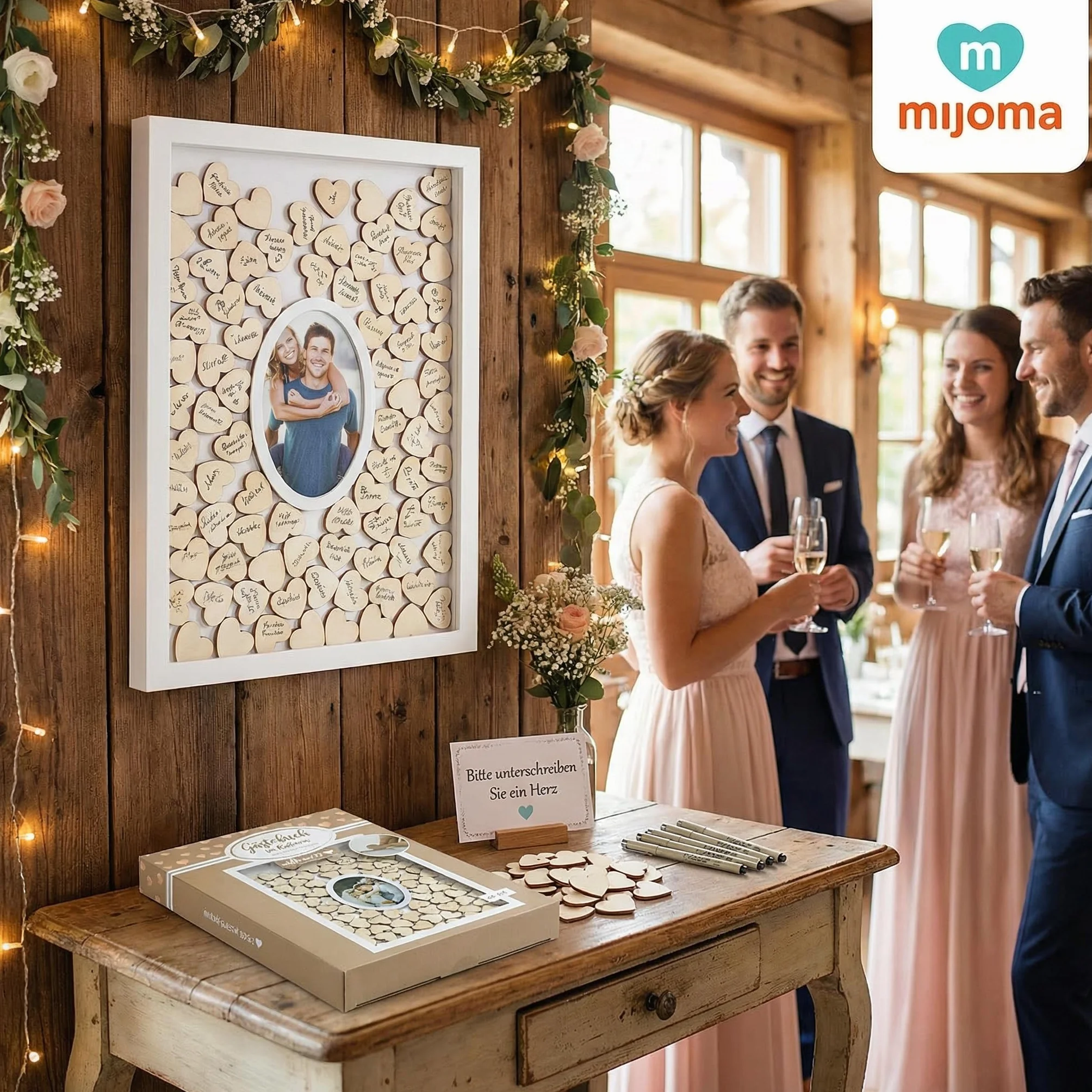 MIJOMA Libro degli ospiti - Cornice portafoto con 72 cuori in legno per matrimoni e feste, opere d'arte personalizzabili, bianco/naturale