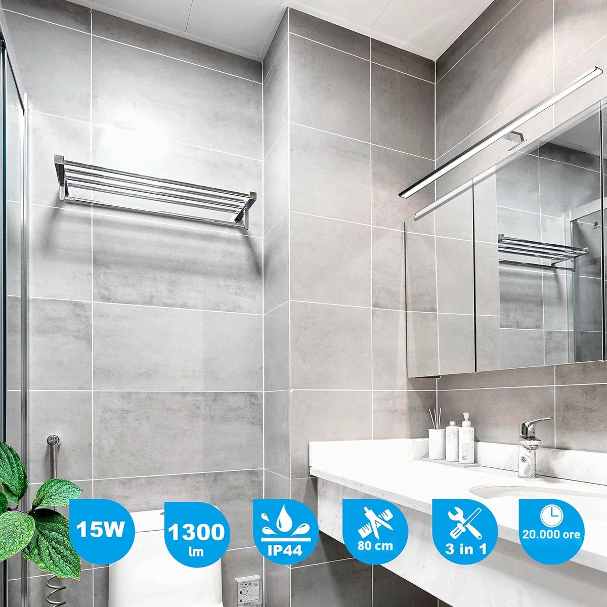 60 cm LED Specchio Luce 4000 K LED Specchio con Illuminazione Morsetto Illuminazione Bagno Lampada IP44 Specchio Illuminazione Netural [Classe energetica E] [Classe energetica E]