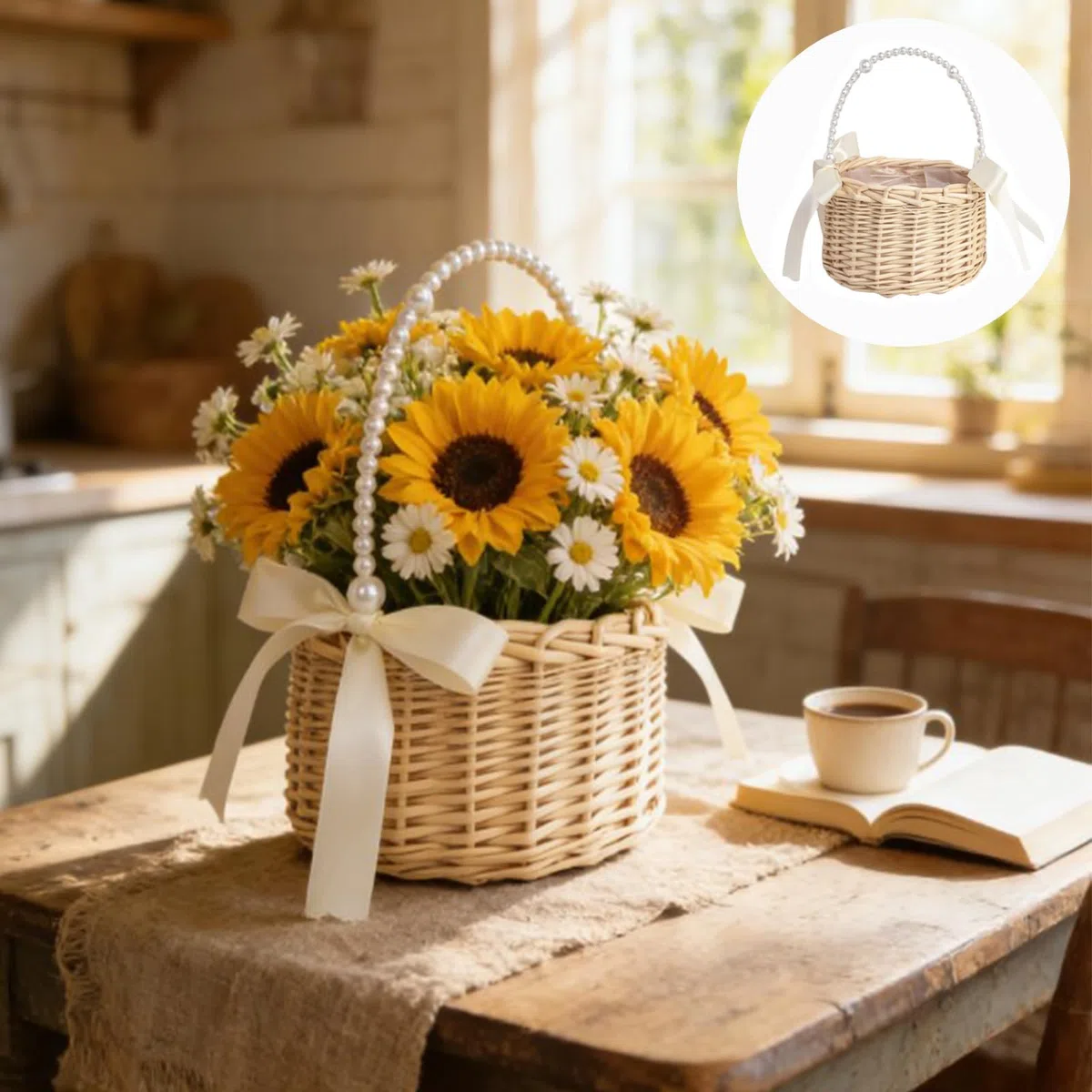 2 pezzi vimini rattan ragazza cesto di, cesto di fiori con manico e fiocco Cestini per fiori da sposa Cestino in vimini per il matrimonio (A)