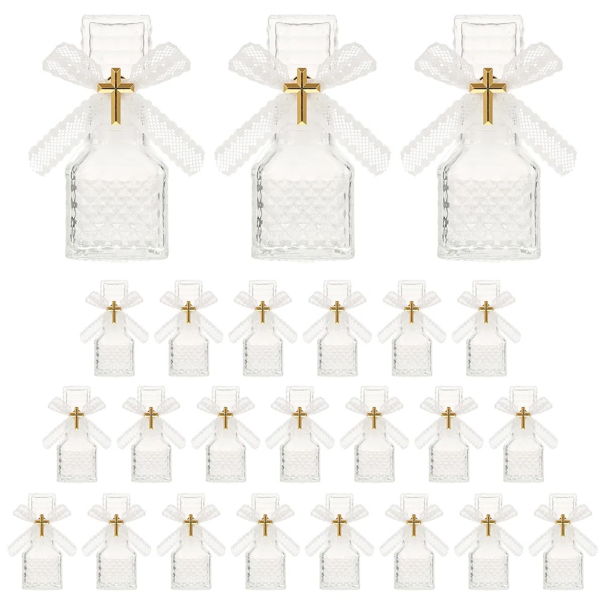 Set di 24 bottiglie per acqua santa con 24 spille a croce e fiocco in pizzo, 50 ml, contenitore vuoto per santa prima comunione, chiesa, bomboniere, regali di Gerusalemme, cattolici cristiani