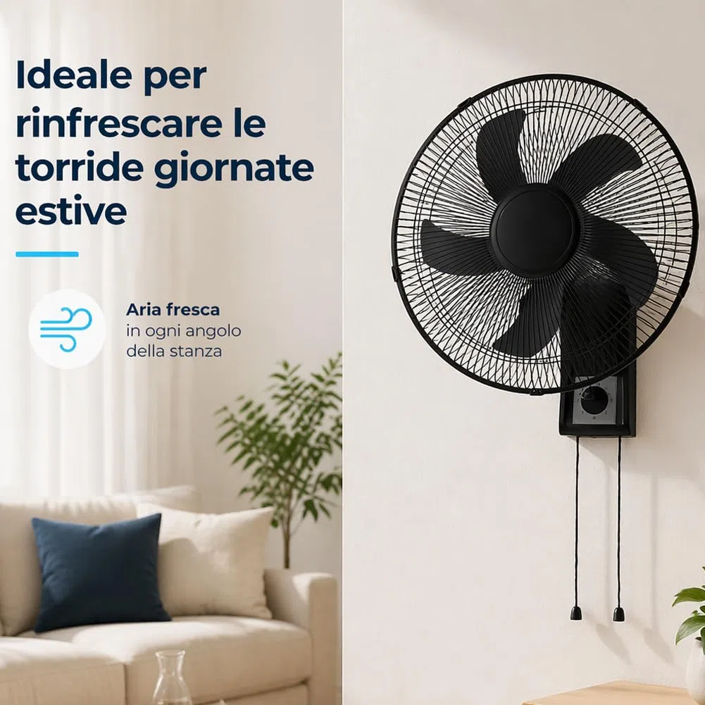 BAKAJI Ventilatore da Parete con Griglia da 43cm, 3 Livelli di Velocità Selezionabili, 5 Pale, 65 Watt di Potenza con Oscillazione Laterale Automatica
