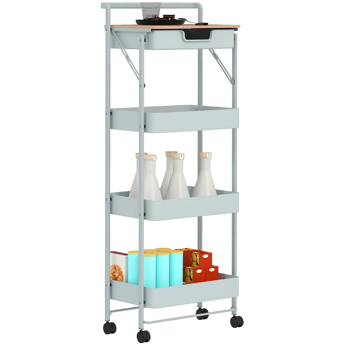 HOMCOM Carrello portaoggetti con ruote a 4 livelli, carrello con ruote con cassetto, vassoio e ceste, per cucina, soggiorno, bagno, ufficio, verde