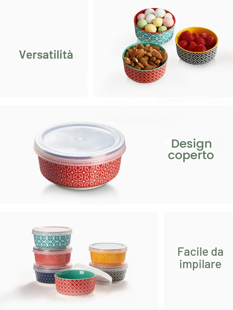 DOWAN Ciotole per Salse in Porcellana, 176 ml Ciotole per Dessert Set da 6 con Coperchi - Ciotola Impilabile per Salse, Snack, Dessert, Tapas, Creme Brulée Ciotole, Multicolore