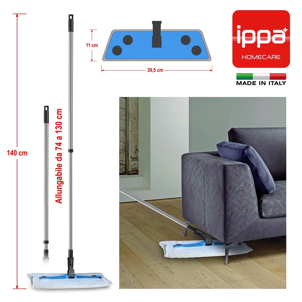 I.P.P.A. Set per la Pulizia del Pavimento. Base 39,5 cm x 11 cm, Manico allungabile 130 cm e 100 Panni Velo elettrostatici impregnati (45 cm x 22 cm). Compatibile con i sistemi swiffer.