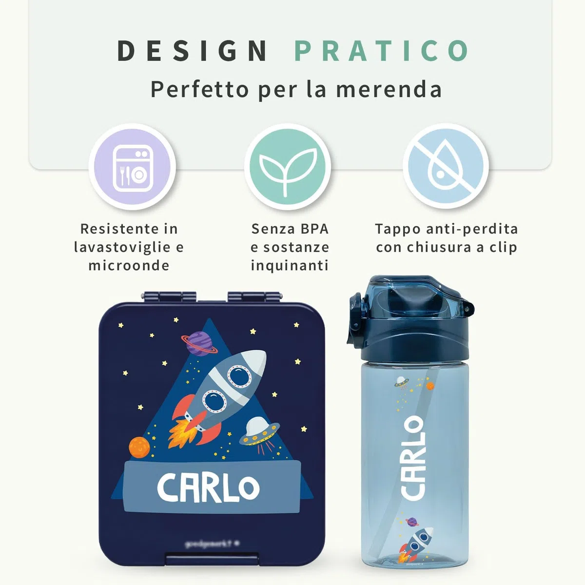 Stellasticker - Set con borraccia personalizzabile per bambini e porta pranzo/merenda personalizzato per bambini in plastica - Borraccia con cannuccia capacità 450 ml - Senza BPA (Azzurro)