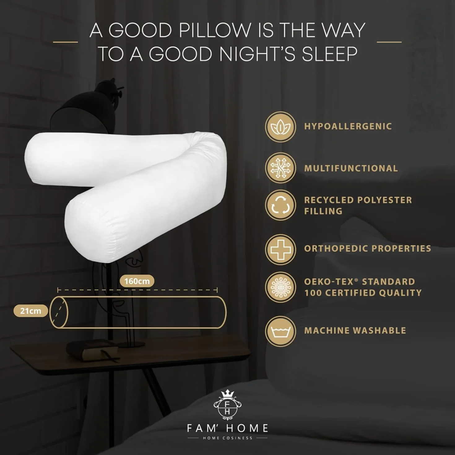 FAM Home Cuscino Traversin 180 cm 1 pz - Cuscino Traversin 21 x 180 - Cuscino cilindrico 180 cm per 2 Persone Ortopedico Traspirante Lavabile Fibre Cave in Poliestere Riciclato qualità alberghiera