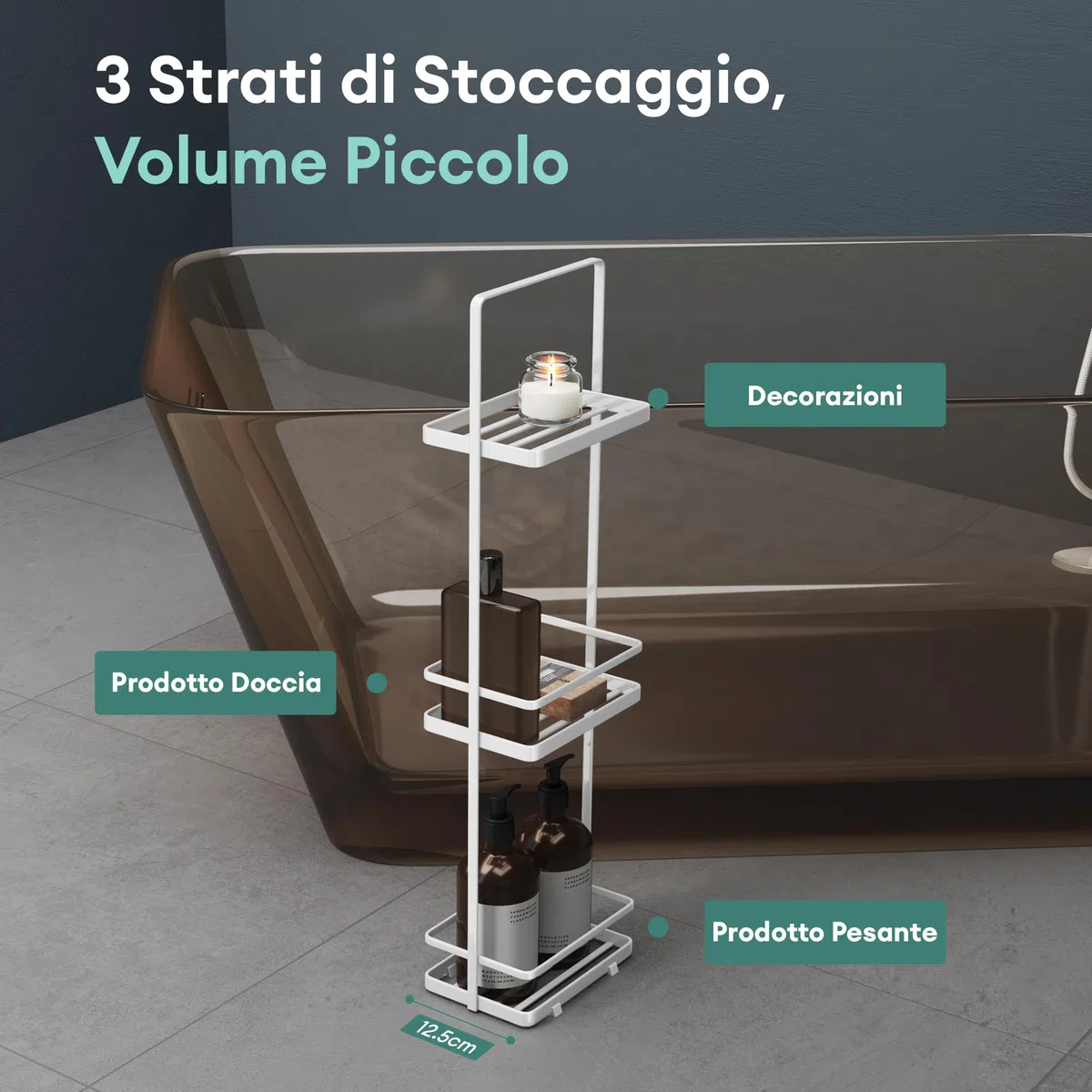 Mai & Mai Scaffale da Bagno di 3 Livelli 18x12.5x67.3cm, Scaffale Portaoggetti in Metallo Robusto con 4 Piedini Antiscivolo per Doccia, Bianco, Reglo-02