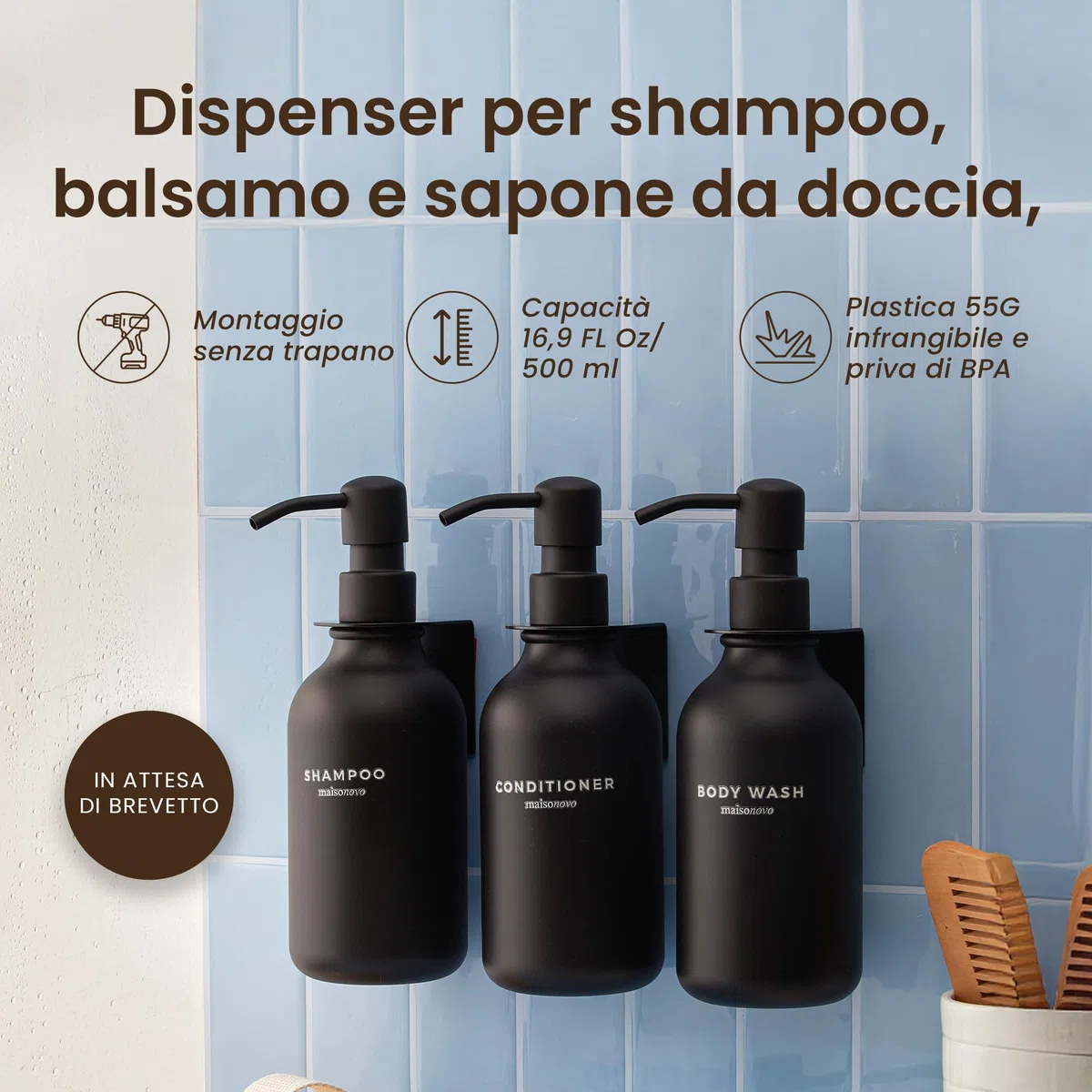 MaisoNovo Dispenser Per Shampoo E Balsamo - Dispenser Per Sapone Da Doccia Con Montaggio A Parete - Set Da 3 Flaconi In Plastica Nera Da 500 ml Con Pompe Nere - 3 Scomparti Senza Foratura