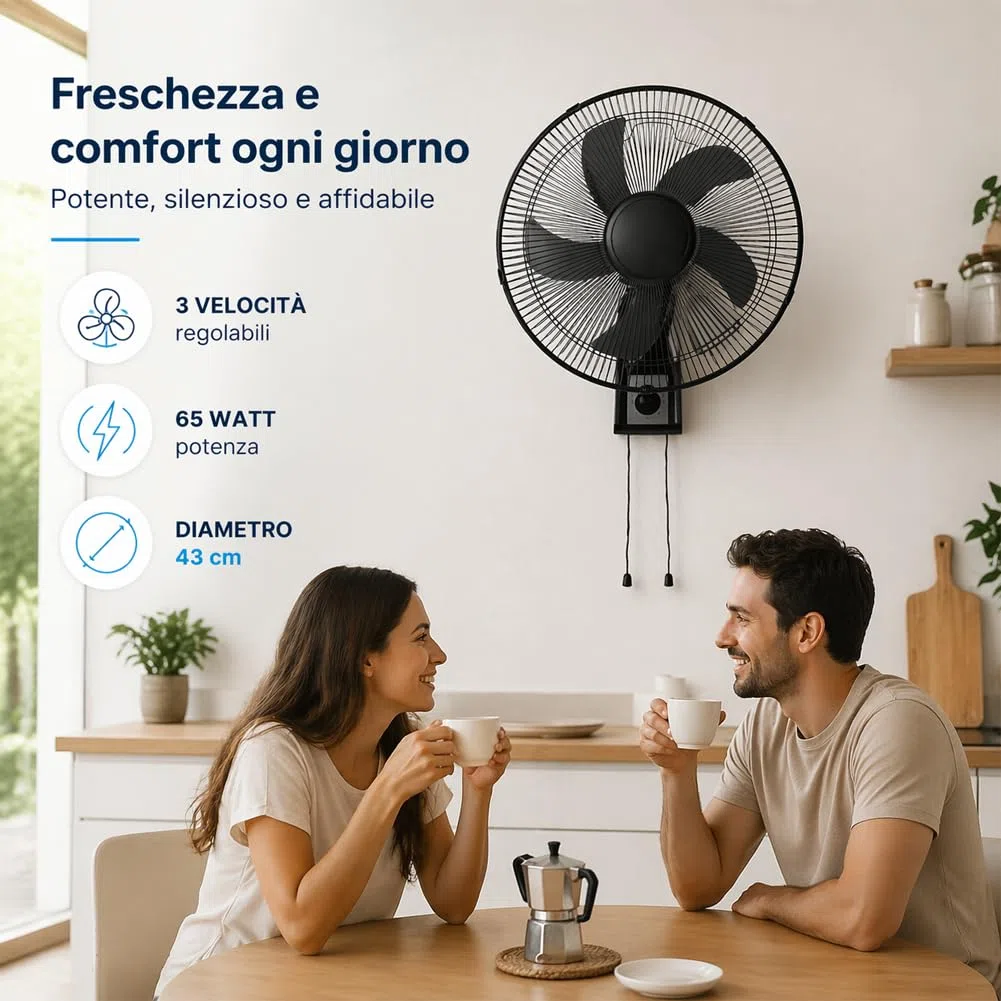 BAKAJI Ventilatore da Parete con Griglia da 43cm, 3 Livelli di Velocità Selezionabili, 5 Pale, 65 Watt di Potenza con Oscillazione Laterale Automatica