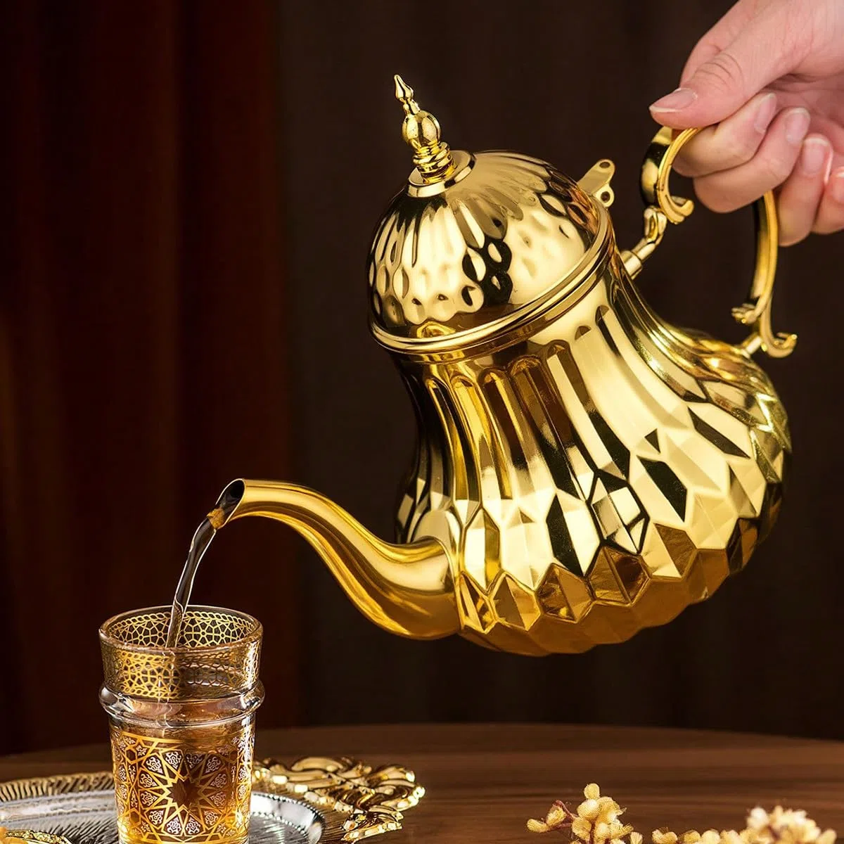 Teiera marocchina 1,4 l, stile arabo, acciaio inossidabile, marocchino, tradizionale, stile religioso Teapot(oro)