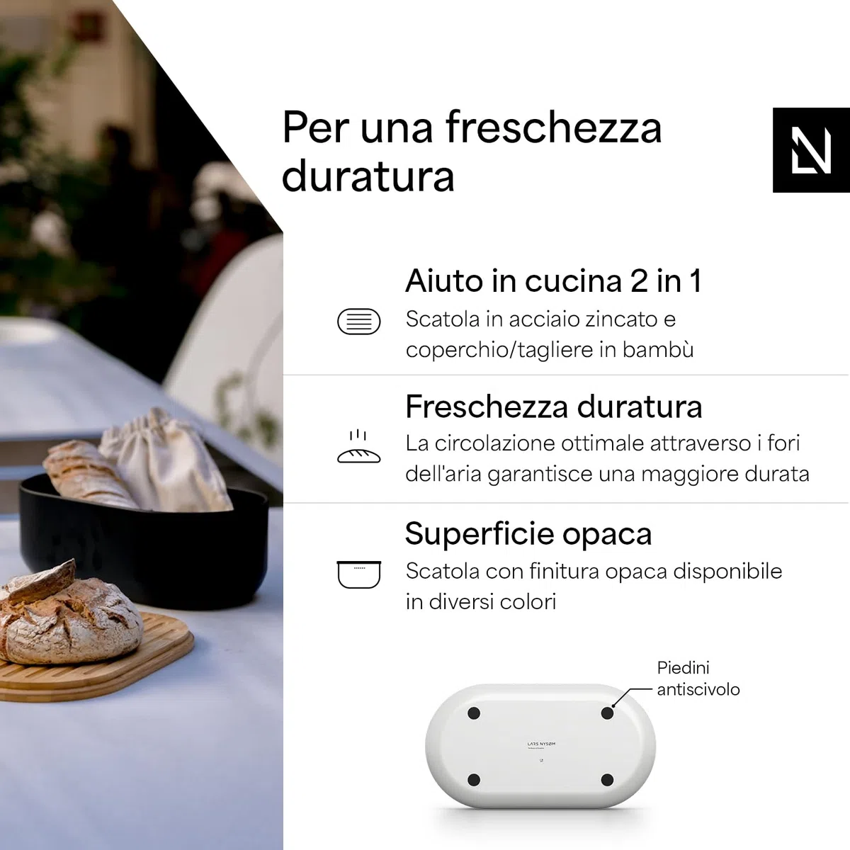 LARS NYSØM Portapane in metallo per una freschezza duratura I Scatola del pane con coperchio in bambù di alta qualità utilizzabile come tagliere (Arctic White)