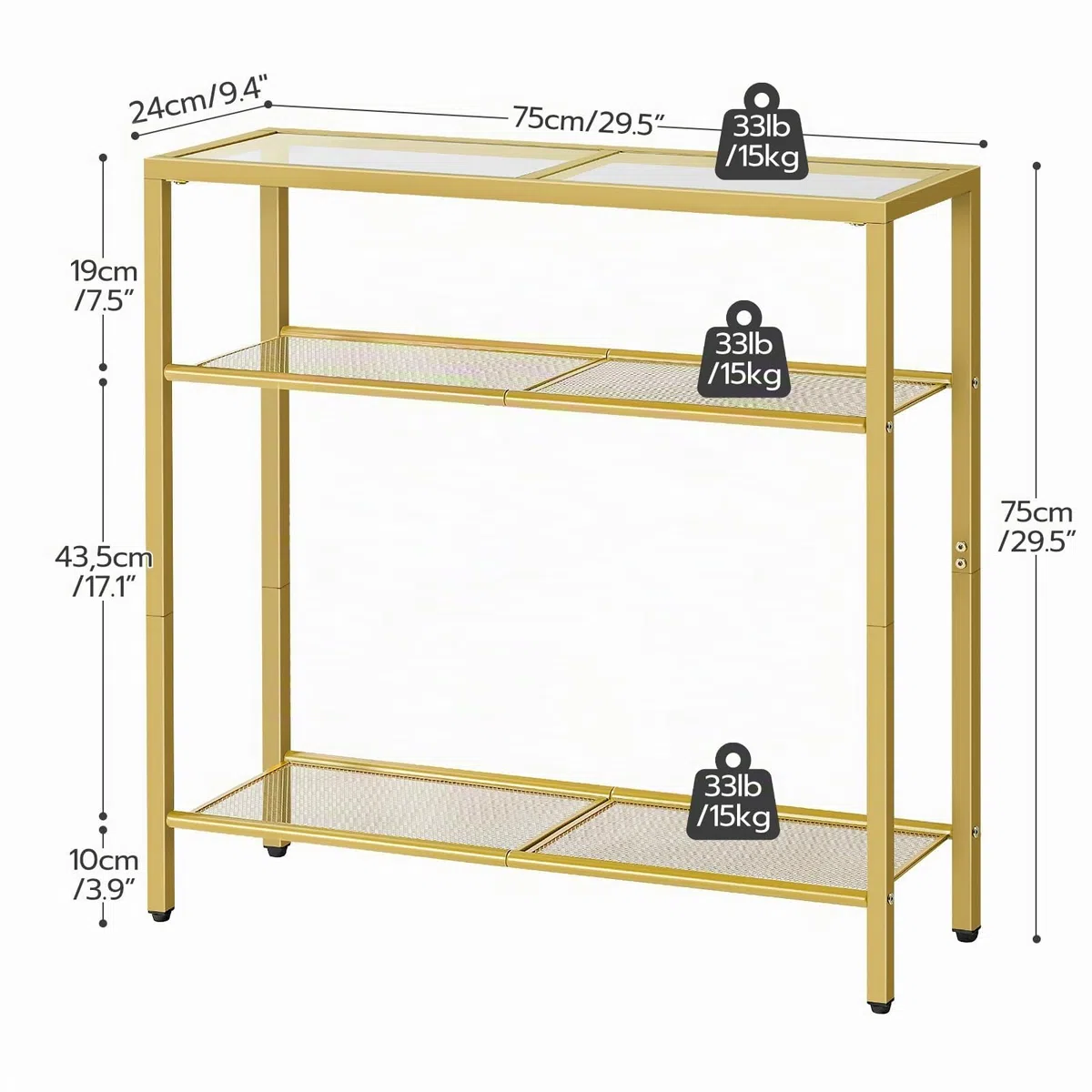 HOOBRO Tavolo Console a 3 Ripiani, 75 cm Ingresso Con Piano di Vetro Temperato, per Entrata, Soggiorno, Corridoio, Camera da Letto, Dorato EGD21XG01G1