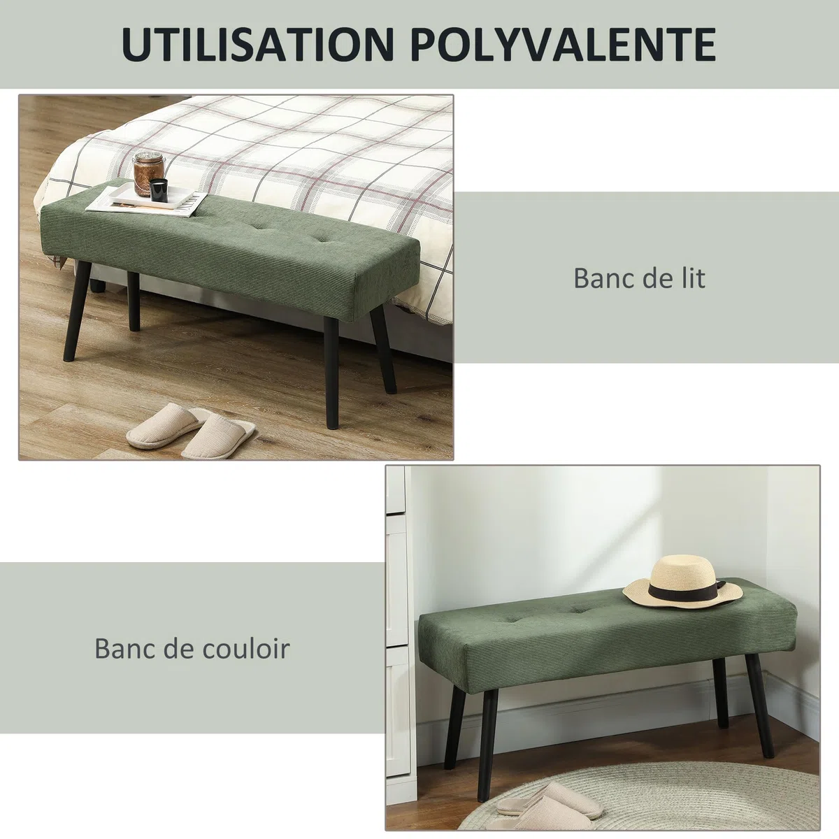 HOMCOM Panca per panca moderna con testiera imbottita in velluto a coste e gambe in acciaio nero, ideale per ingresso, soggiorno, camera da letto, carico 220 kg, 100 x 36 x 45 cm, verde