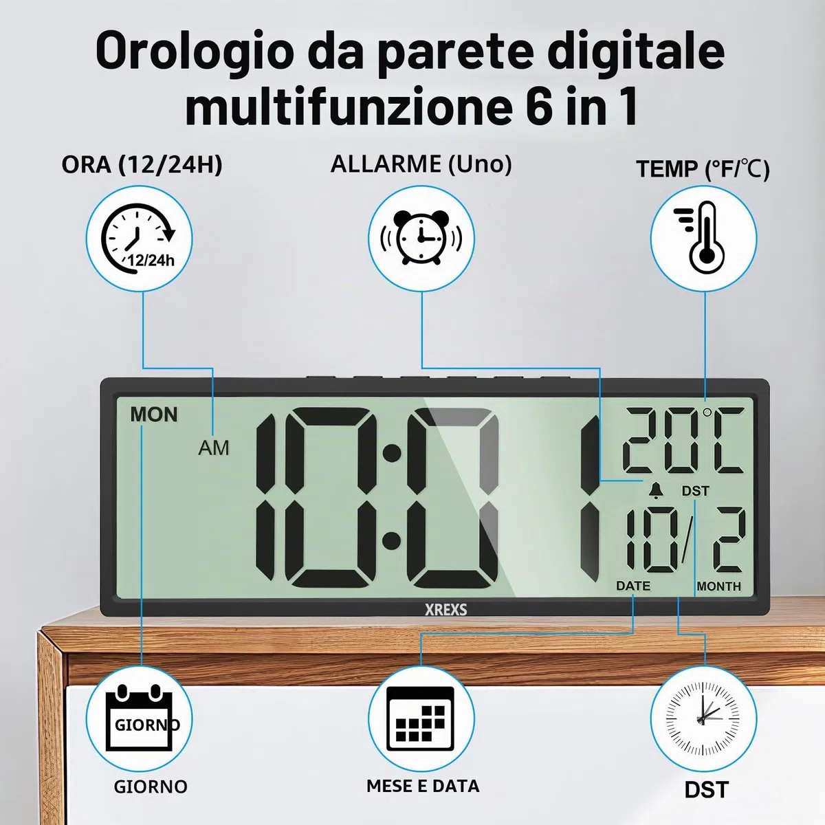 XREXS Orologio Digitale da Parete da 14,5 pollici, Valendario, Temperatura, Funzione DST, Gunzionamento a Batteria, per Vamera da Letto, Doggiorno, Sula, Ufficio (Nero)