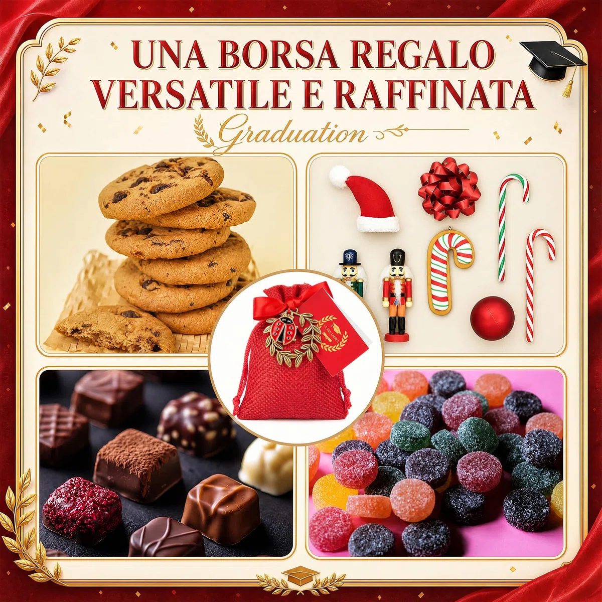 BBTO 60 Sets Souvenir Bomboniere Laurea Include Rosso Sacchetti di Juta Ciondolo a Forma di Corona d'Alloro Ciondoli Coccinella Biglietti di Auguri e Nastro Rosso Regalo di Laurea per Festa