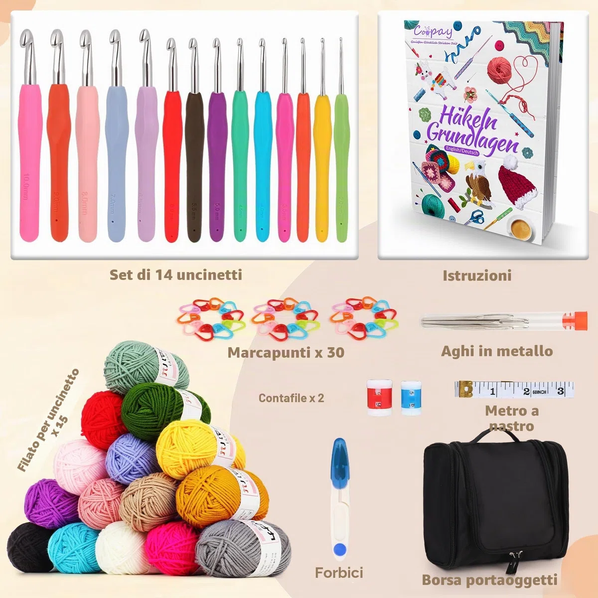 Coopay Set all'uncinetto per principianti, set completo con 15 lana, uncinetti ergonomici, borsa portatile e accessori all'uncinetto, uncinetto da 2,0 a 10 mm con impugnatura in gomma TPR, set regalo