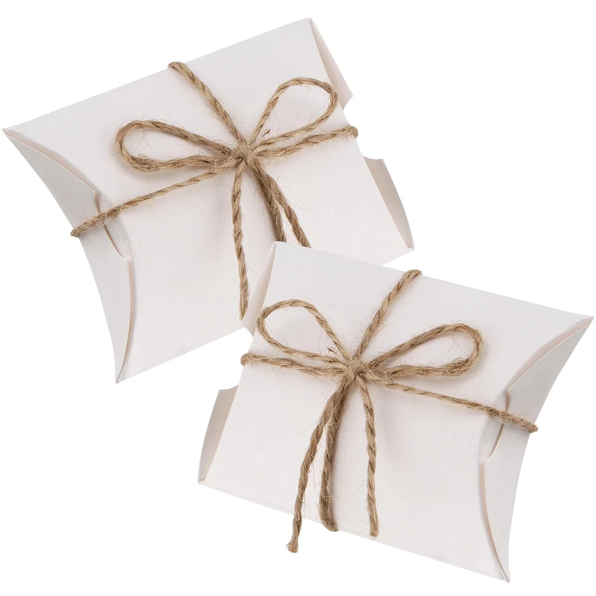 150 scatole per cuscini piccole, 9x6,5 cm, carta kraft bianca, confezione regalo con 150 corde iuta 60 cm, scatola pieghevole