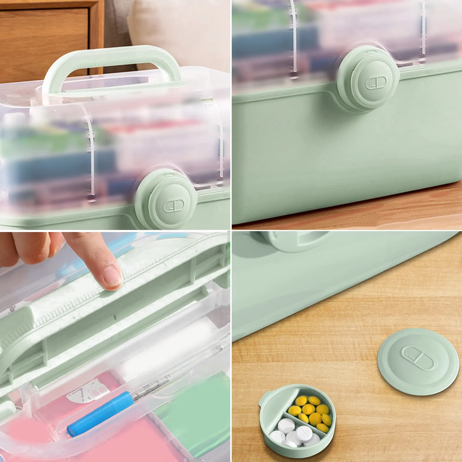 Scatola per medicinali Scatola di Pronto Soccorso Trasparente, Organizzatore di contenitori per medicinali di Grande capacità con Custodia per Kit Organizer per Pillole Armadietto(L Verde),