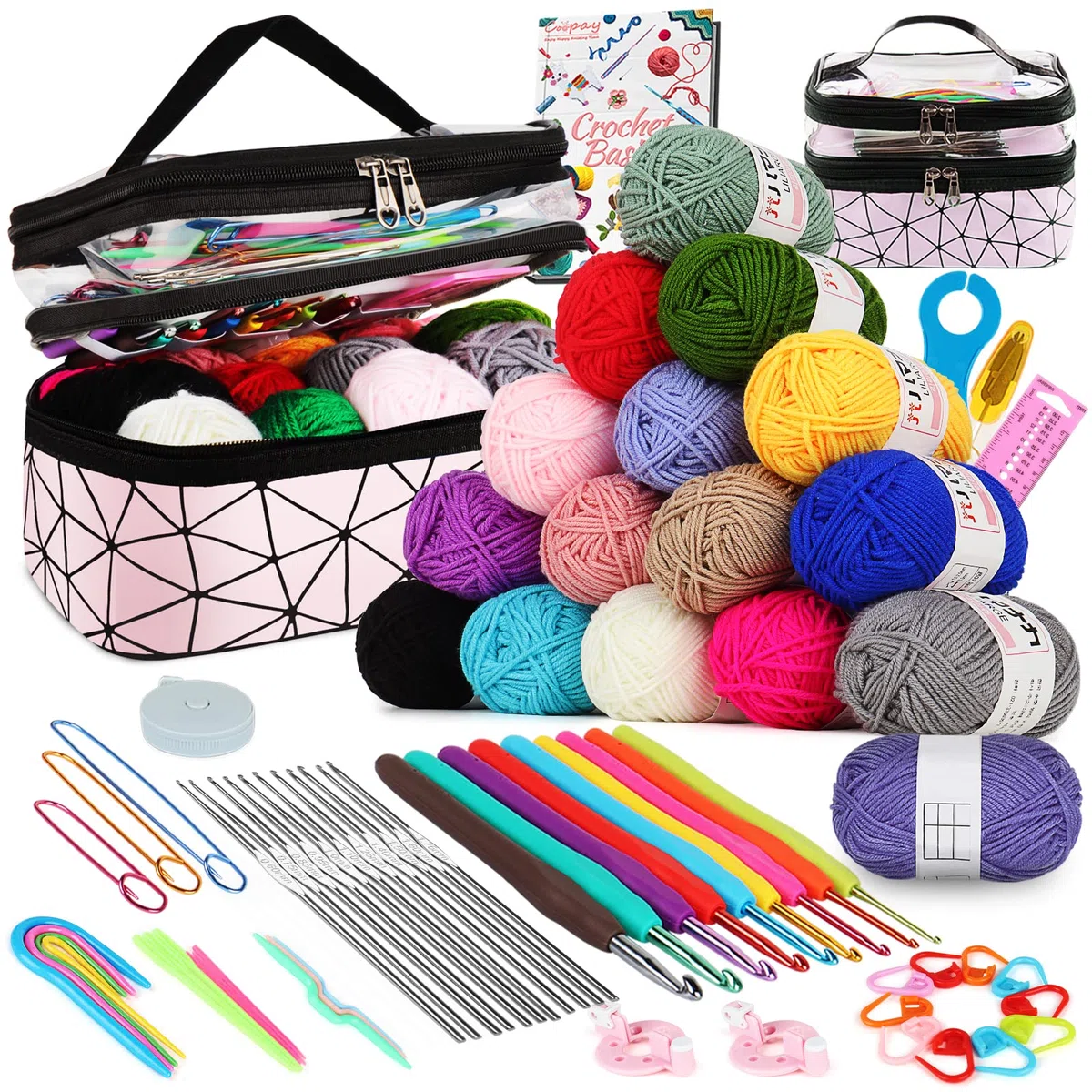 Coopay - Kit per uncinetto principiante, completo con 16 gomitoli di lana, 2 tipi di ganci 0,6-6,0 mm, borsa per riporre accessori per uncinetto a maglia, regalo per ragazza, famiglia, amici, rosa