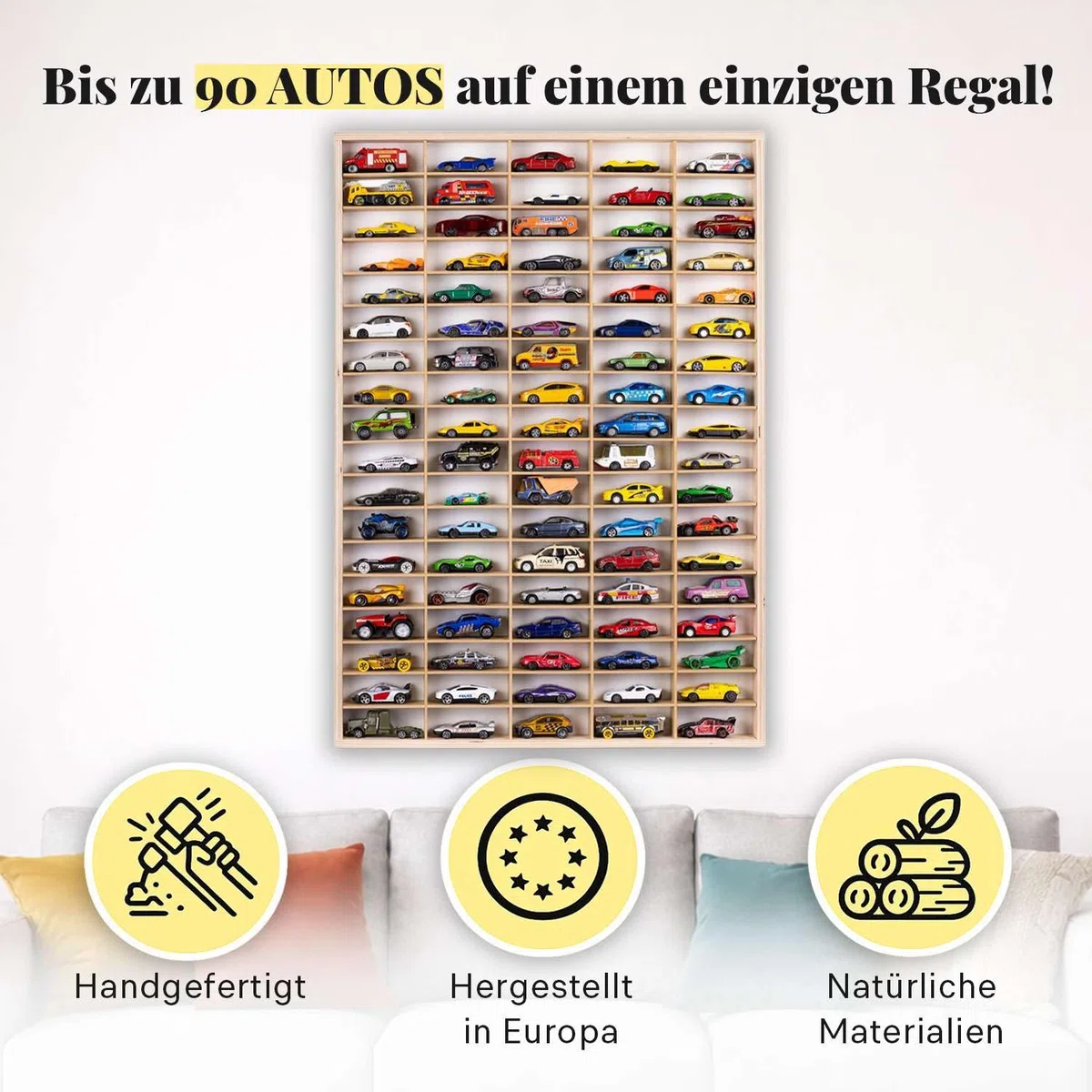 Vetrina Espositiva per Collezionismo con 90 Scomparti | Vetrinetta da Parete 50cm x 71cm x 4cm per Hot Wheels o Matchbox | Bacheca da Parete Portaoggetti (Mensola senza Motivo)