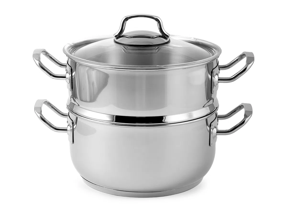 H&H Alessandro Borghese Vaporiera in Acciaio Inox 18/10, Triplo Fondo, 22cm, con Coperchio in Vetro e Cestello in Acciaio Inox