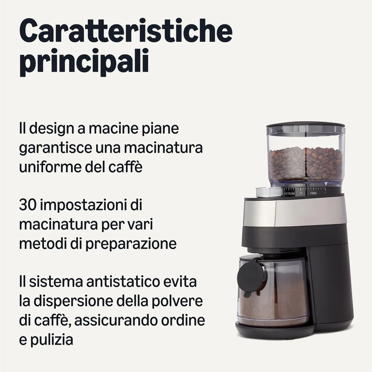 Amazon Basics Macinacaffè elettrico con 30 impostazioni di macinino per macchina da caffè francese, caffè americano ed espresso, nero