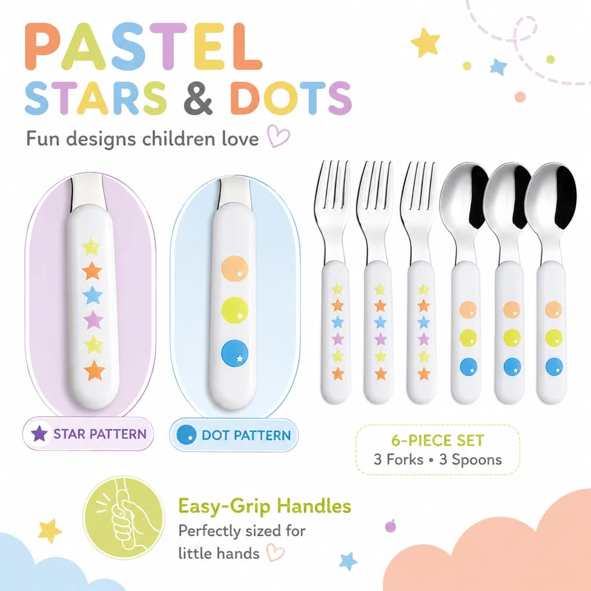 Exzact Posate per Bambini 6 Pezzi in Acciaio Inossidabile 18/10-3 x forchette, 3 x cucchiai da tavola - Manico in plastica, Utensili per Bambini Senza BPA - Stelle e Punti