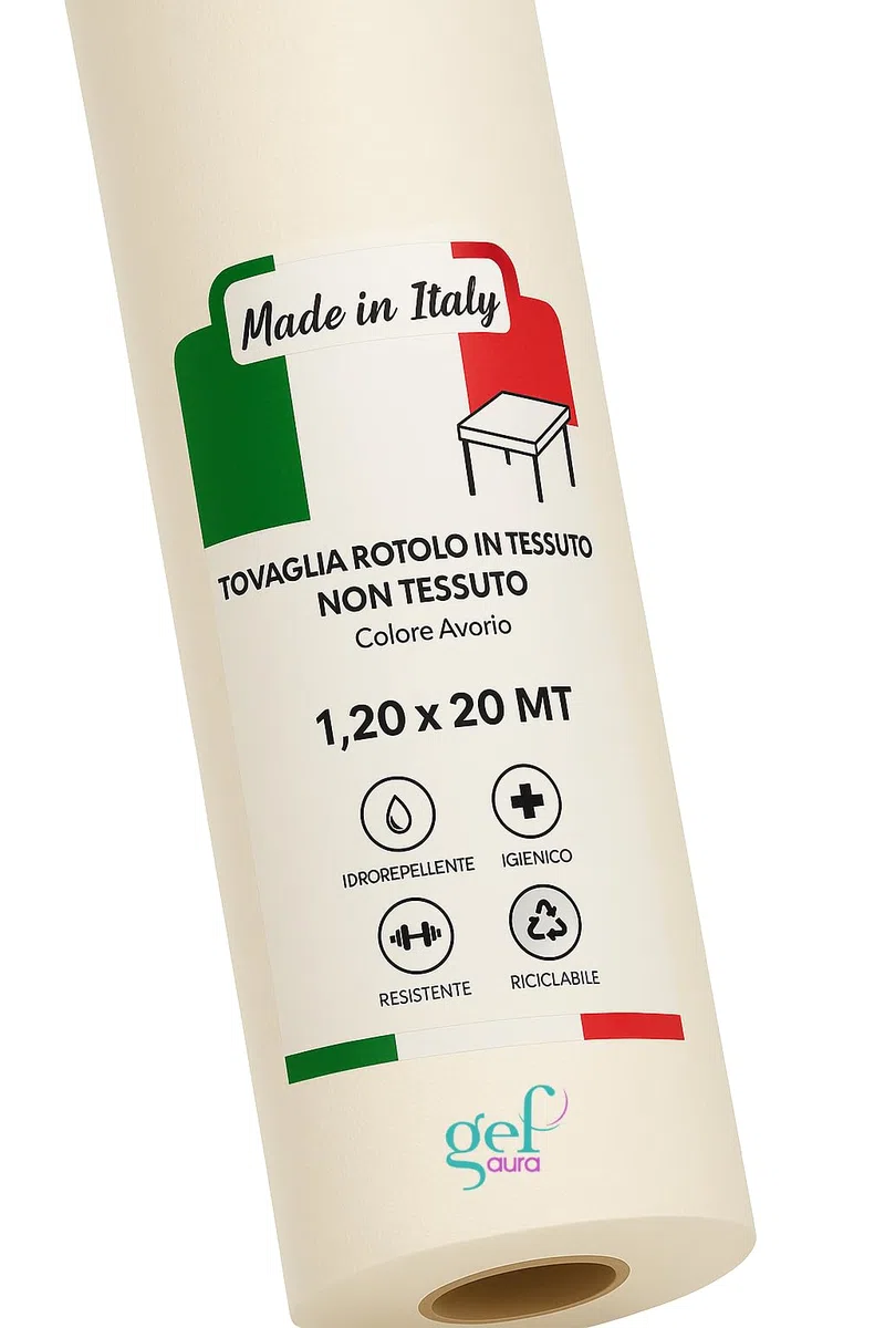 Gef Aura - 1 Rotolo Tovaglia Monouso Professionale in TNT Spunbond 50 g/m², Idrorepellente e Resistente, Taglio su Misura 1,2x20 m, Made in Italy, Ideale per Catering Eventi Ristoranti, Avorio