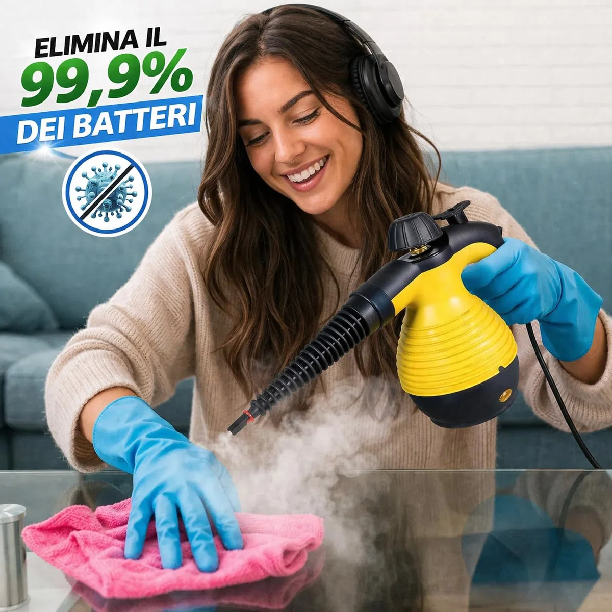 Pulitore a Vapore Portatile Alta Pressione, 1050W, Riscaldamento Rapido 3-5 Min, Kit 6 Accessori, Pulizia Profonda per Casa, Cucina, Bagno, Auto