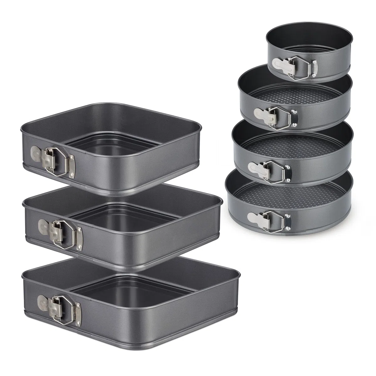 Relaxdays Set da 7 Teglie per Dolci, Rotonde e Quadrate, 18-28 cm, Acciaio Inox, Rivestimento Antiaderente, Antracite