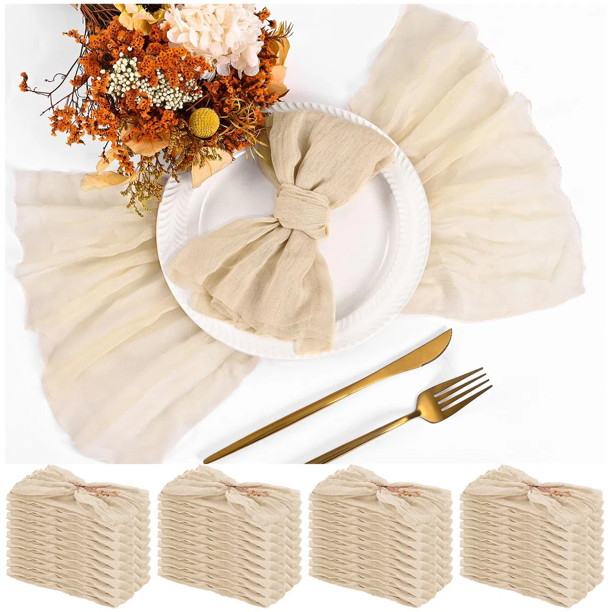 Teruntrue Confezione da 30 tovaglioli di stoffa beige con garza, lavabili, stile bohémien, per matrimoni, feste di compleanno, decorazioni per feste, 50 x 50 cm