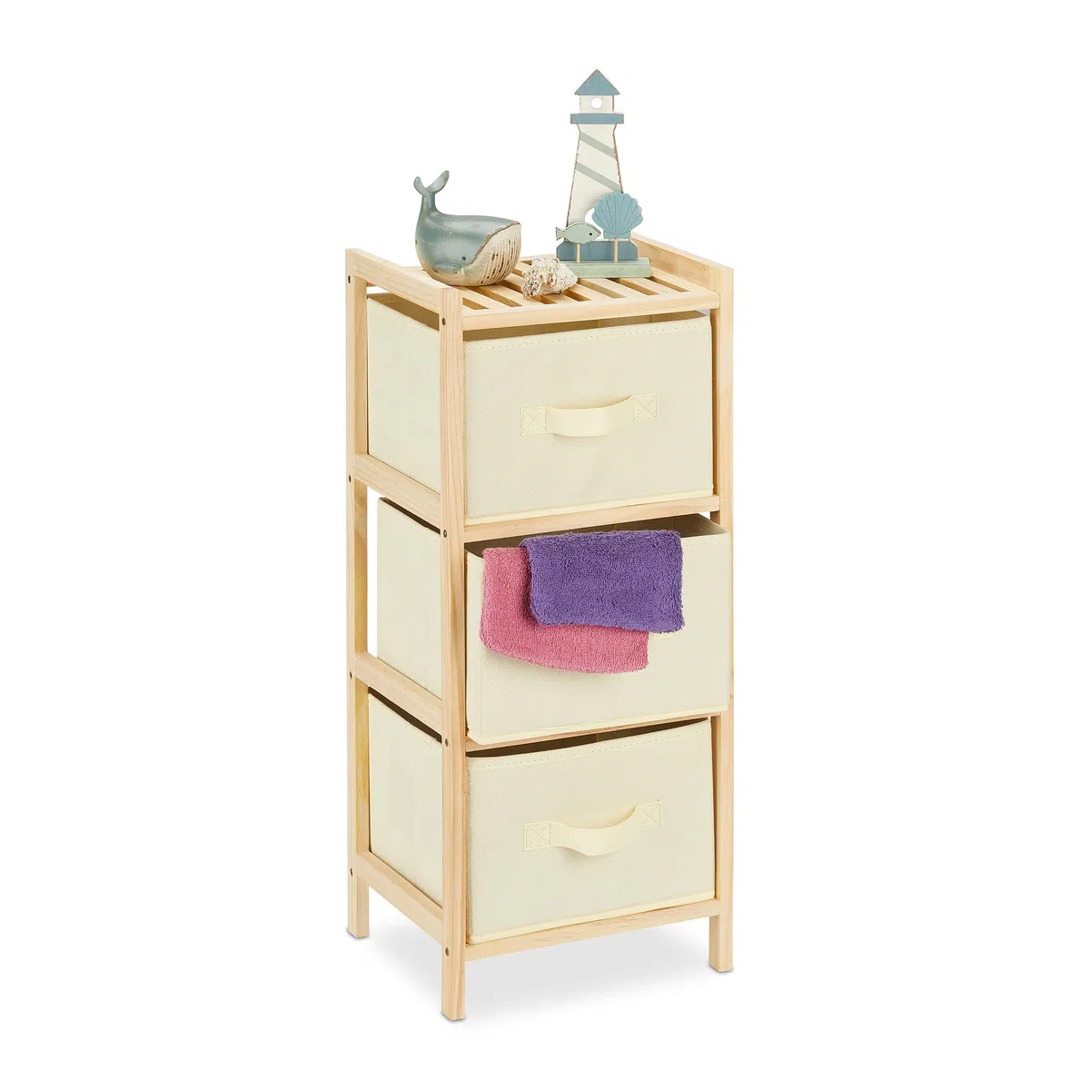Relaxdays Mobiletto da Bagno con 3 Cestini Pieghevoli, Scaffale Salvaspazio, in Legno, 65x28x25,5 cm, Naturale Beige