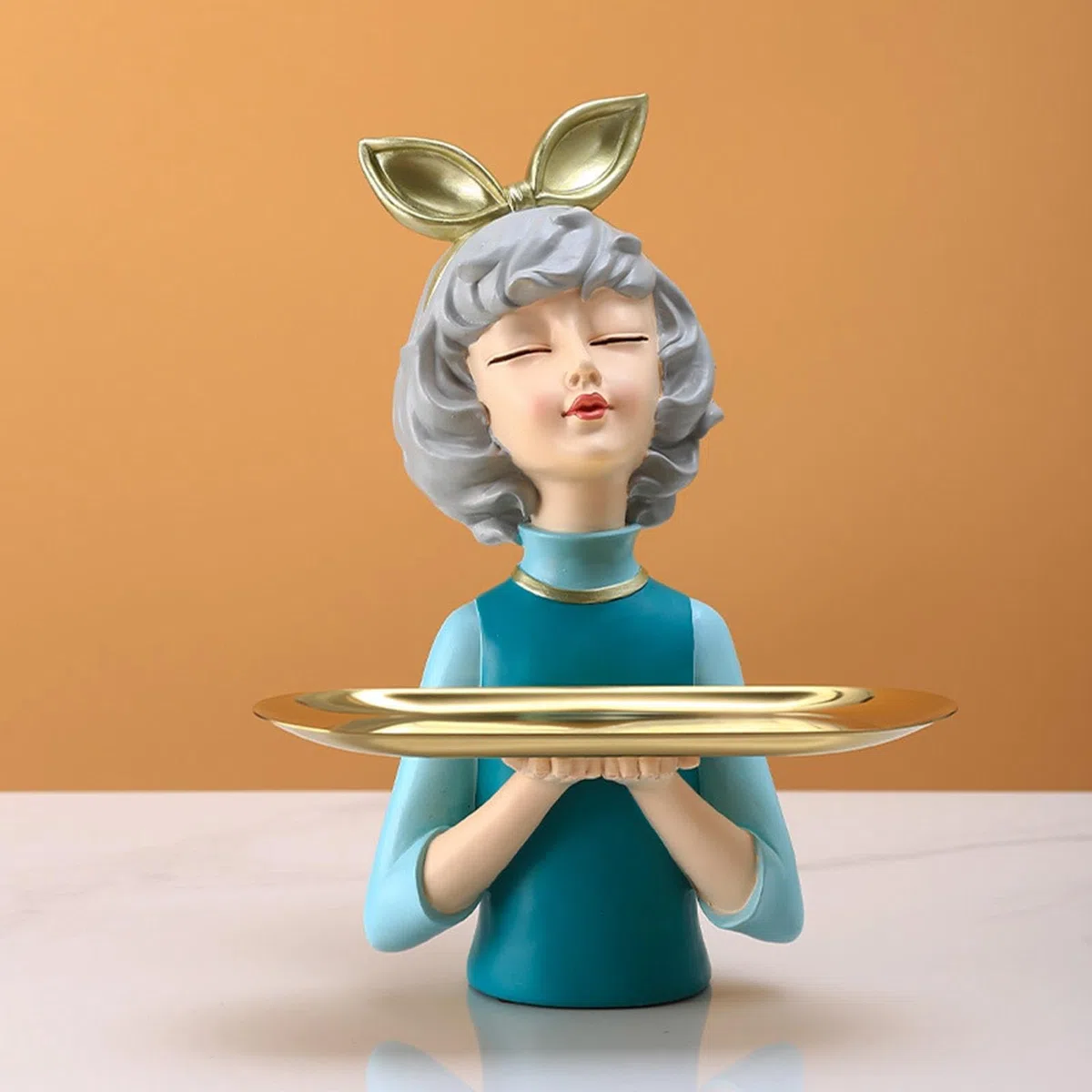 Statuetta Multiuso di Ragazza con Vassoio, Contenitore per Oggetti Vari, Portaoggetti in Resina, Statua di Ragazza per Portico, Ingresso, Soggiorno, D, Blu
