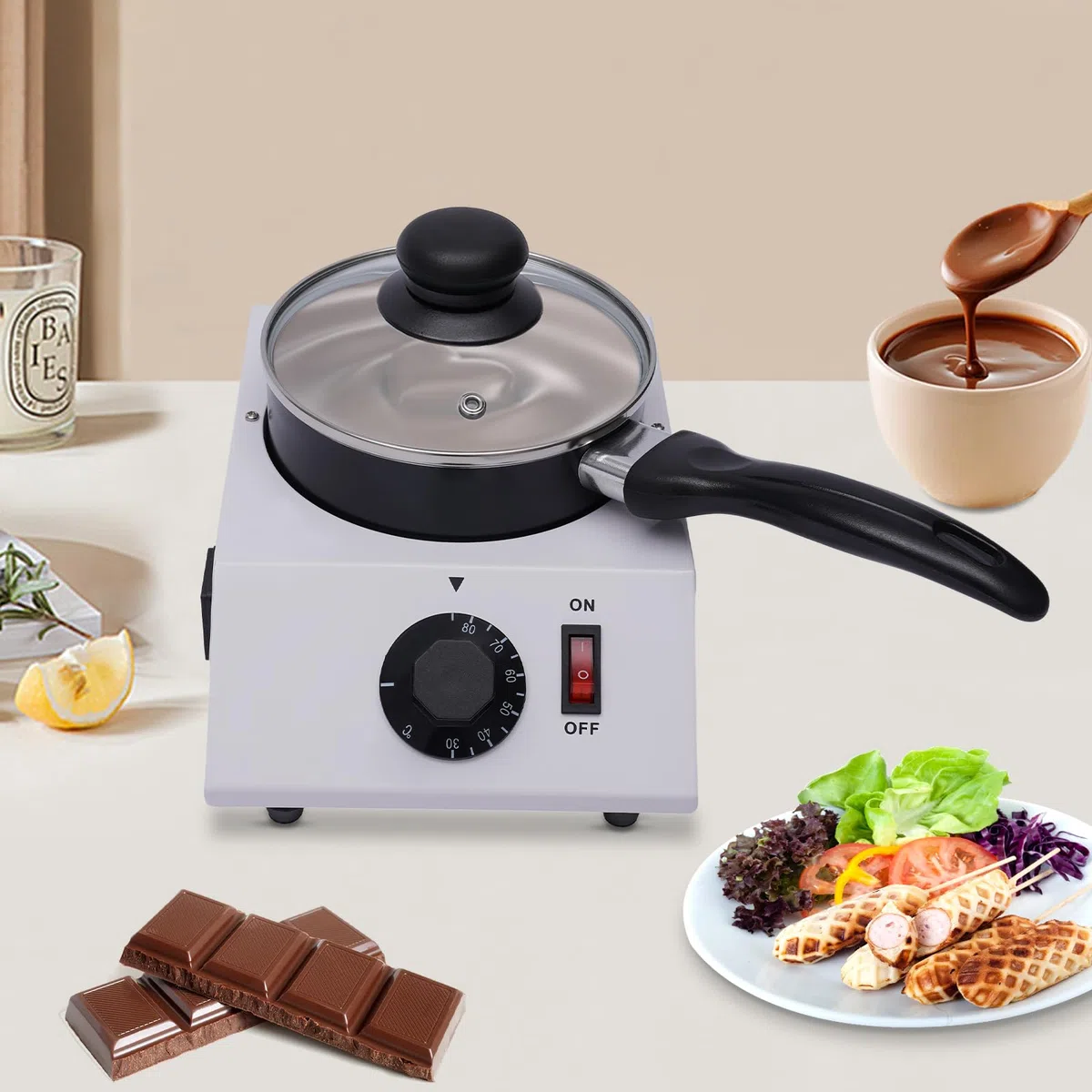 Fungitore elettrico di cioccolato, 40 W, per fusione di cioccolato, termosifone e top antiaderente per la cottura della busta