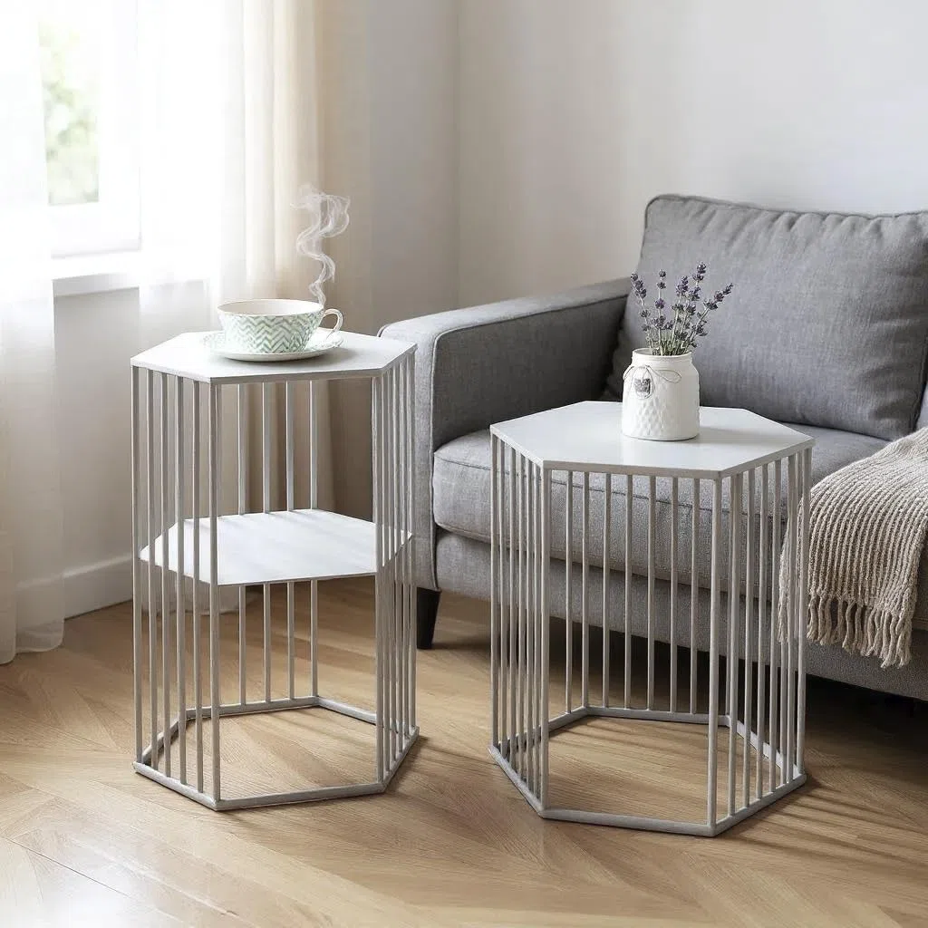 HAKU Set di 2 tavolini in metallo grigio freddo - Dimensioni: L 38/42 x A 55/45 x P 33/37 cm Stile: Moderno