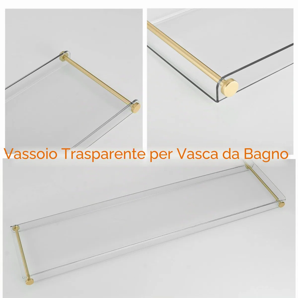Beelee Vassoio in acrilico trasparente con guide dorate per contenere libri, telefono, candele, vino e tablet, accessori da bagno impermeabili per il bagno, regali di lusso per le donne