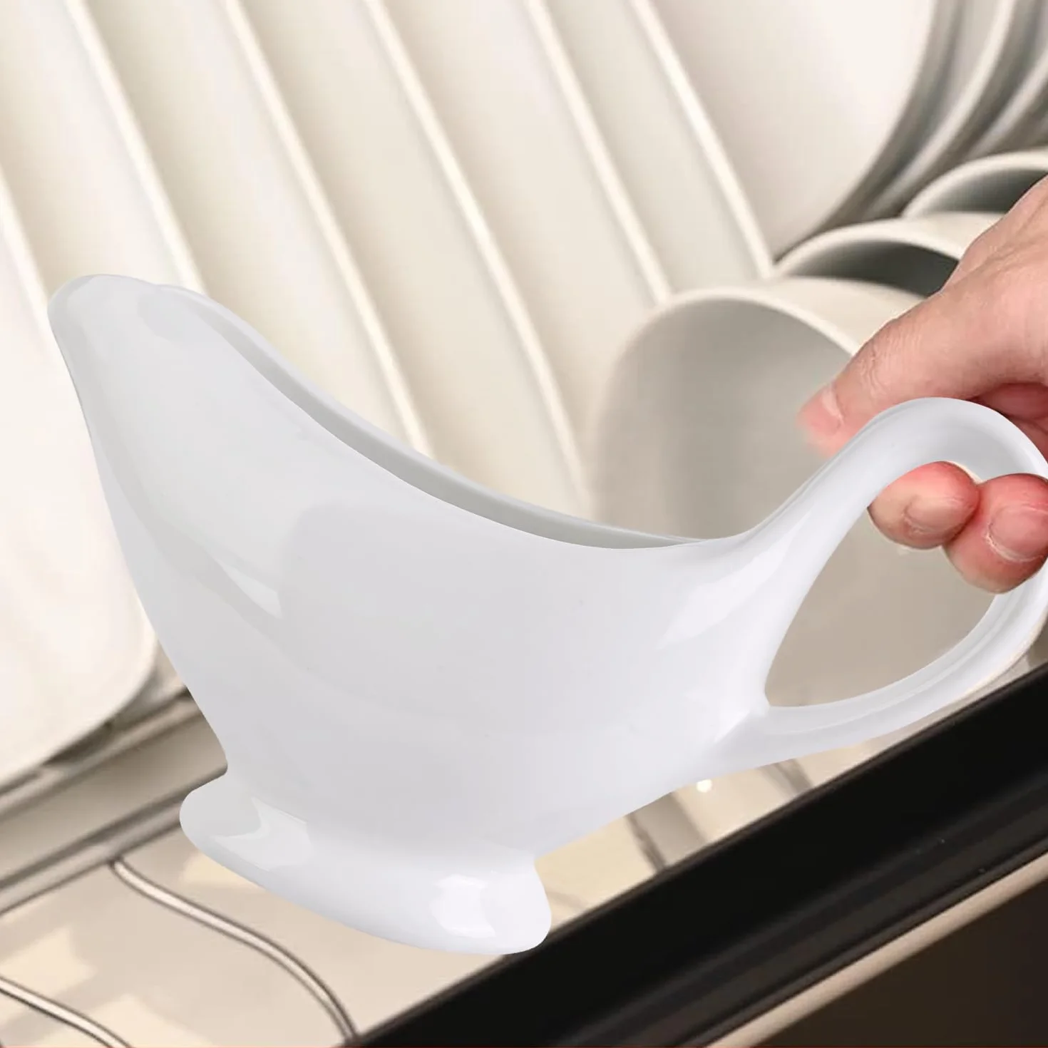 Nizirioo Salsiera in porcellana 310 ml - Vaso per salsa con manico, contenitore per condimenti, crema e brodo di latte, design elegante, grande manico