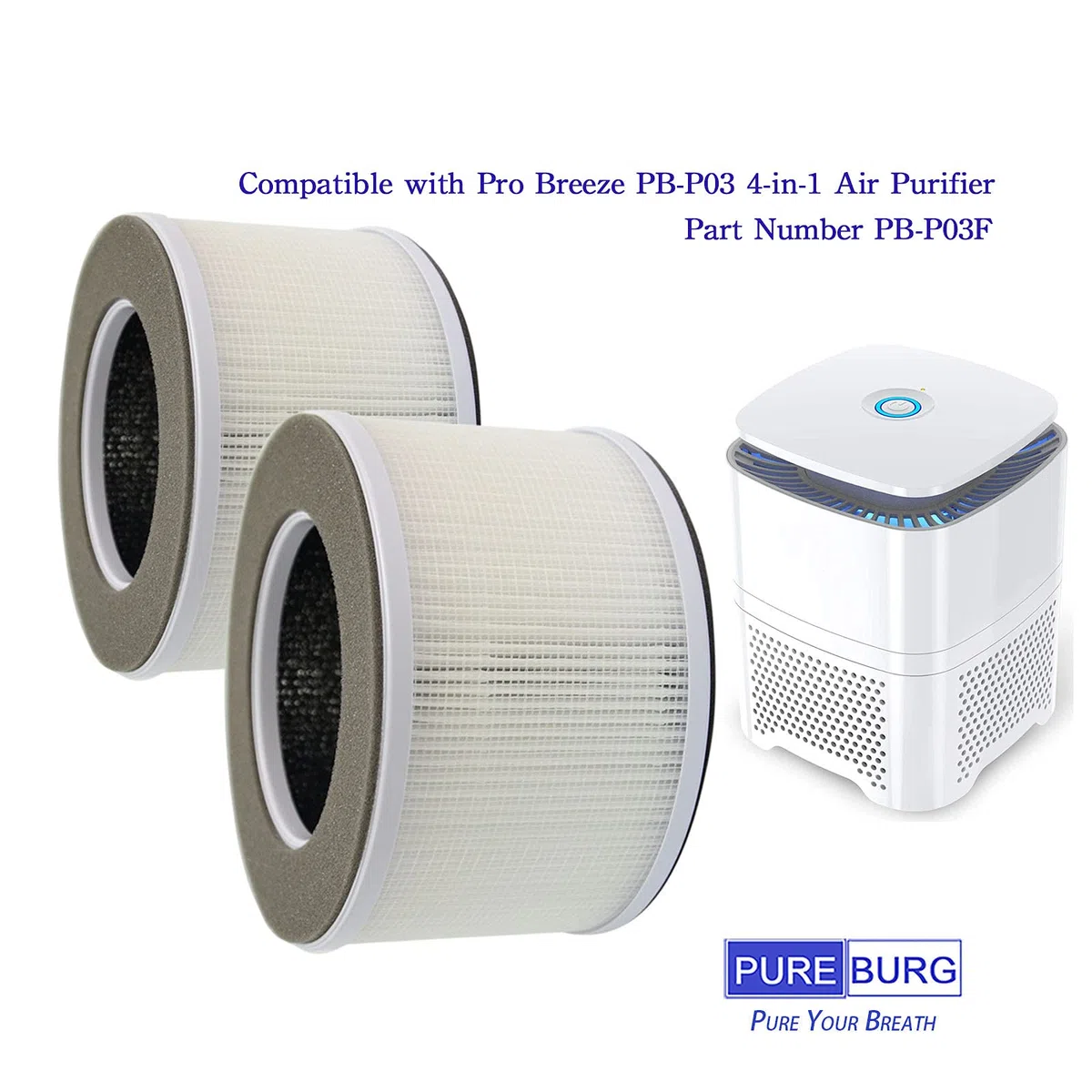 PUREBURG Confezione da 2 filtri HEPA di ricambio a 3 stadi compatibili con purificatore d'aria Pro Breeze PB-P03 4 in 1, codice articolo PB-P03F