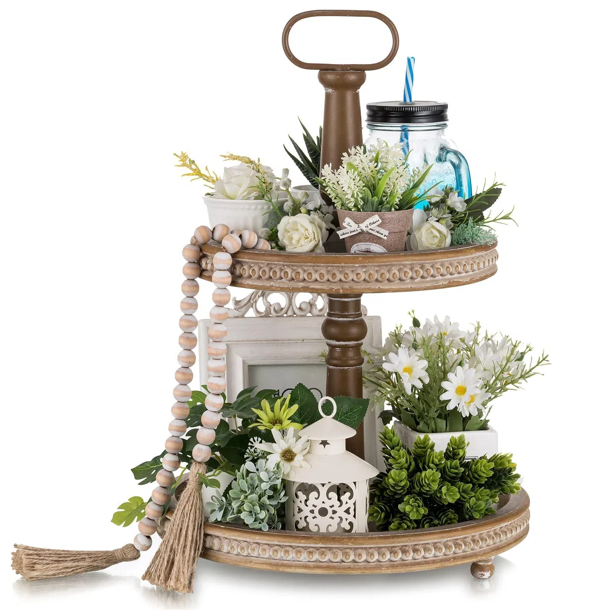 Hanobe Vassoio decorativo a più livelli in legno a 2 ripiani, due vassoi decorativi rotondi con perline per bagno, cucina, tavolino da caffè, centrotavola, bancone, Halloween, Natale, San Valentino