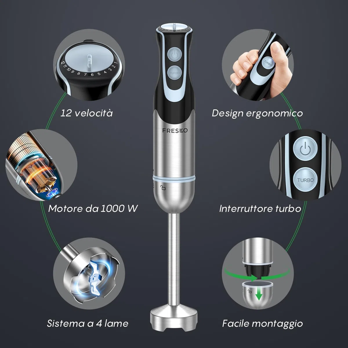 Frullatore a Immersione 4-in-1, 1000W Mini Frullatore a Mano in Acciaio Inossidabile 304, con 12 Velocità e Modalità Turbo, Antispruzzo Design, Include Misurino, Tritatutto e Frusta (HB3302)