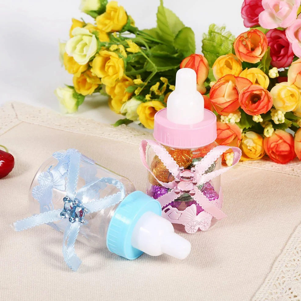 Hztyyier 50 Pezzi Biberon Scatola di Caramelle Regali per Feste in Plastica Bottiglie di Latte per Bomboniere Regali Baby Shower Decor(Rosa)