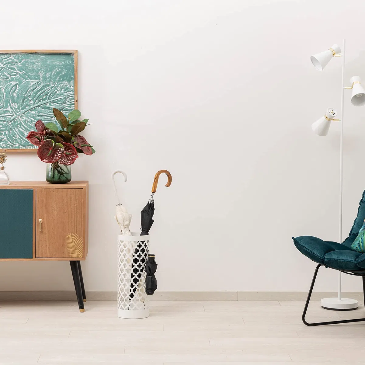 Baroni Home Portaombrelli Design Moderno Porta Ombrelli in Metallo Classic Bianco con 2 Gancini e Vaschetta Scolapioggia Rimovibile 19X19X49 cm (Bianco)