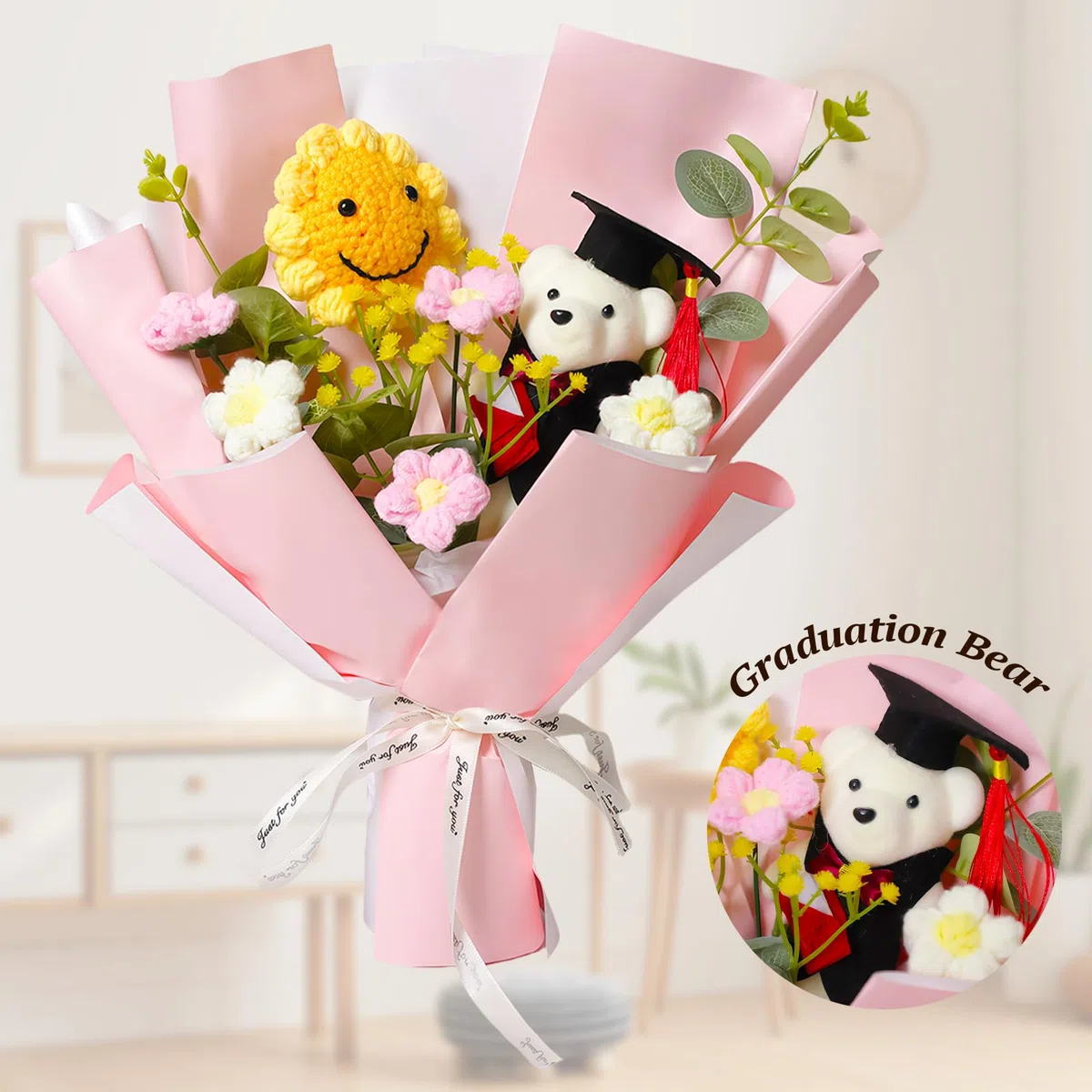RUIOMII Orso Fiori Uncinetto, Bellissimo Bouquet Fiori Fatti a Mano per la Festa della Mamma Laurea Compleanno Anniversario di Matrimonio