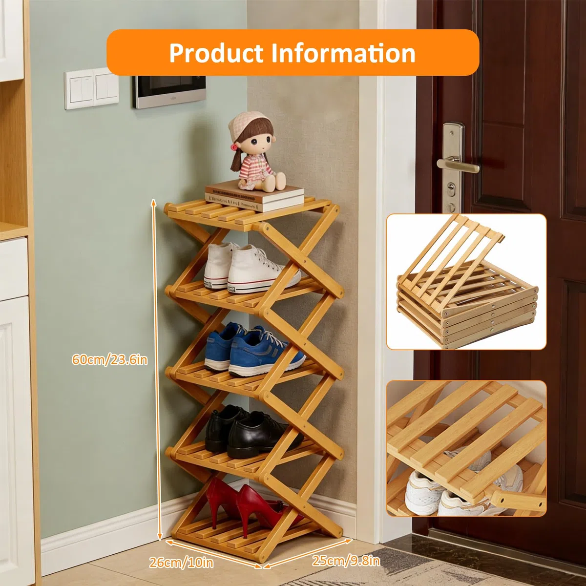 Scarpiera verticale a 5 ripiani in bambù ad angolo, pieghevole, autoportante, scarpiera organizer per ingresso, armadio, camera da letto, corridoio, soggiorno, piccoli spazi, 25,4 x 25,4 x 71,1 cm