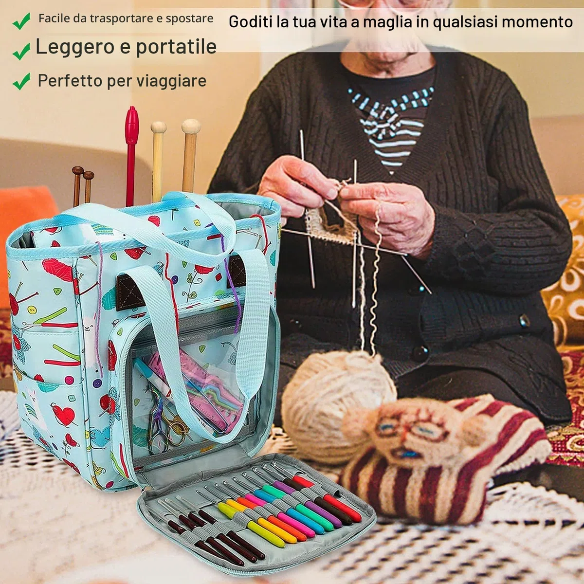 Coopay Borsa a Lavori a Maglia, Borsa per Maglieria, per Ferri da Maglia, Uncinetto, Deposito di Filati e Accessori per Il Cucito, Borsa per Filati per Professionale (Non Inclusi Accessori), Grigio