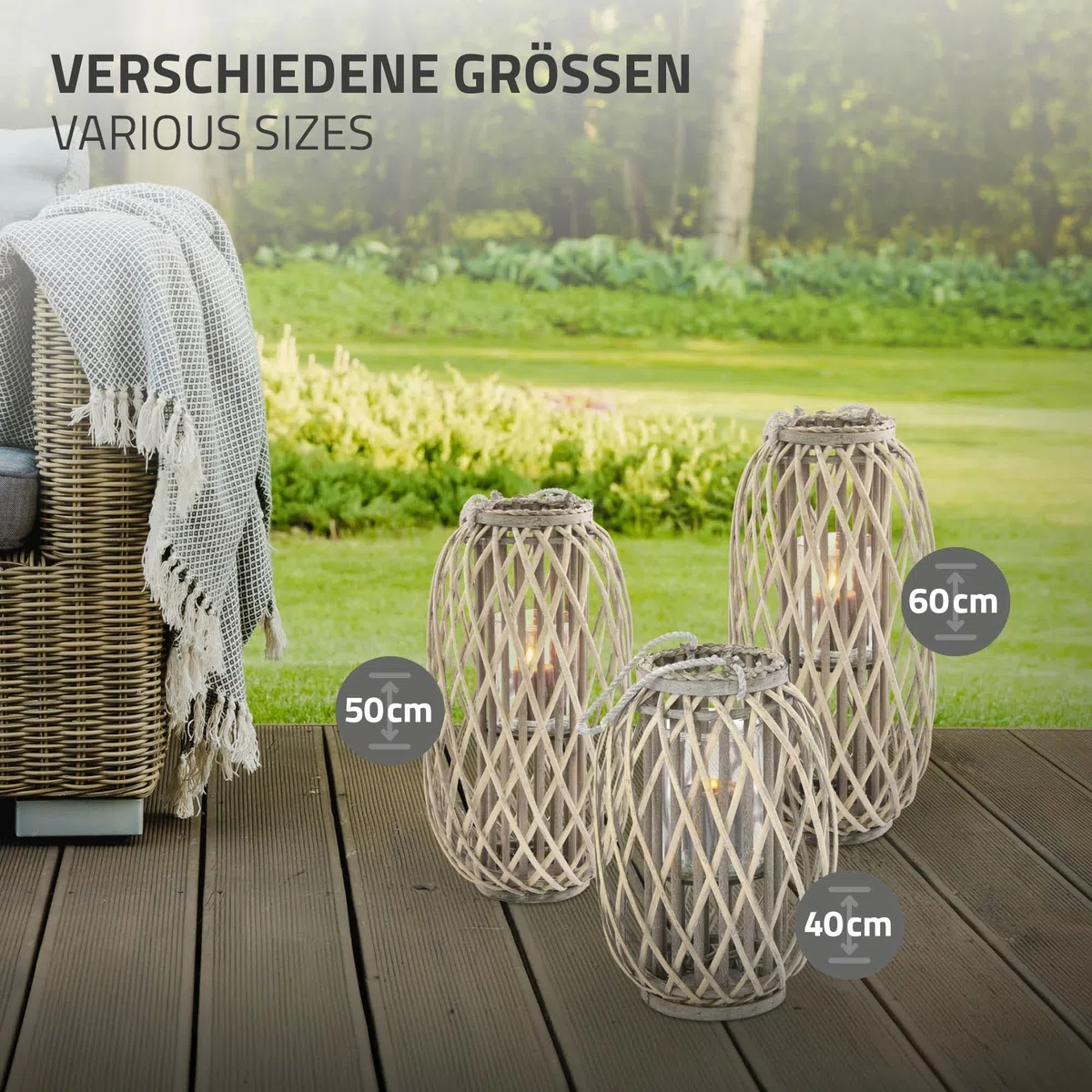 ECD Germany Lanterna Decorativa con Manico 40 x Ø 26 cm Legno Naturale Grigio/Marrone con Vimini Portacandele Rustica con Inserto in Vetro retrò da Giardino Terazza o Balcone per Interno o Esterno