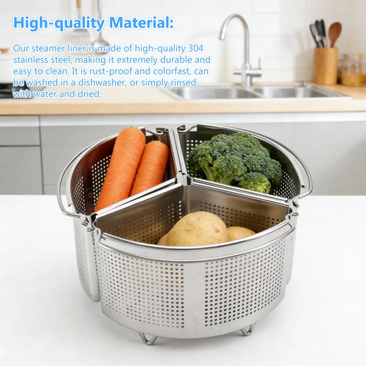 Cestello per Pasta Separata, 3 Pezzi Inserto per Cottura a Vapore con Guanti in Silicone 18 x 18 x 11 cm Cestelli Divisori in Acciaio Inox con Manici e Basi per Pasta Verdure Piccoli Frutti di Mare