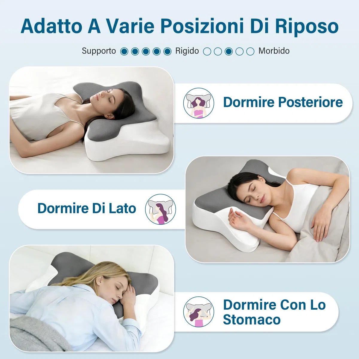 Cuscino Cervicale per Dormire, Cuscino per Cervicale, Cuscino Ergonomico in Memory Foam Adatto per Dormire su Un Fianco, Sulla Schiena o Sulla Pancia, Federa Lavabile 66x37x9/12cm(Grigio)