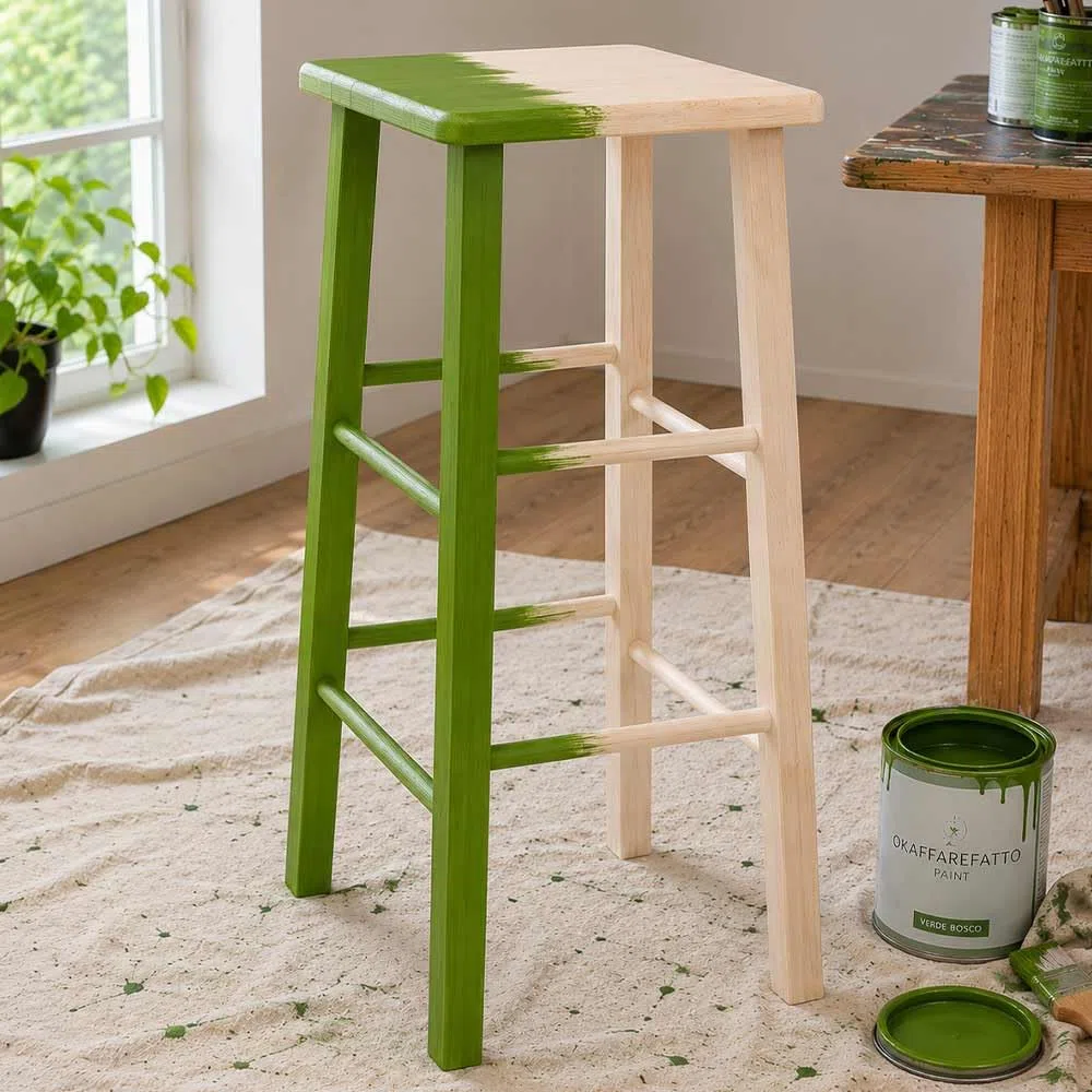 Sgabello Alto 73 cm in Legno Massello di Faggio Grezzo da Verniciare e Dipingere, Seduta Quadrata 31x31 cm — Pub, Pizzeria, Ristorante, Bar, Cucina — Già Montato — Made in Italy —