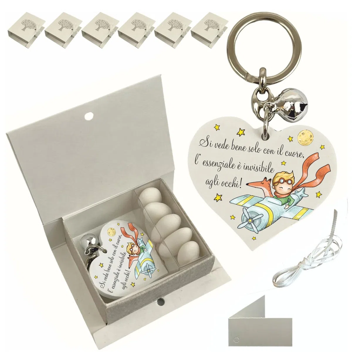 Regalami.shop 6 portachiavi con scatola, nastrino, bigliettino e portaconfetti Bomboniera Piccolo Principe per Battesimo, Comunione, Party, Regalo (6 portachiavi con scatola)